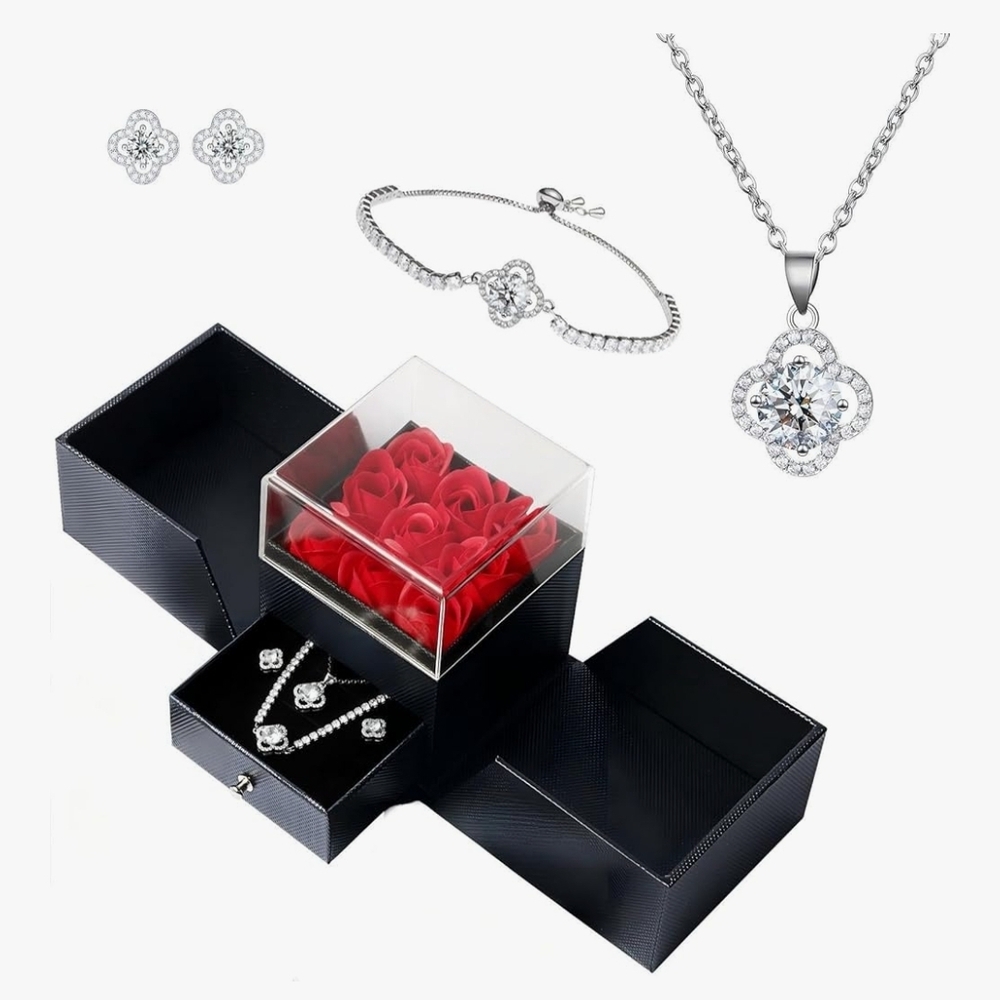 Elegant Silver Jewelry Set with Red Rose Box